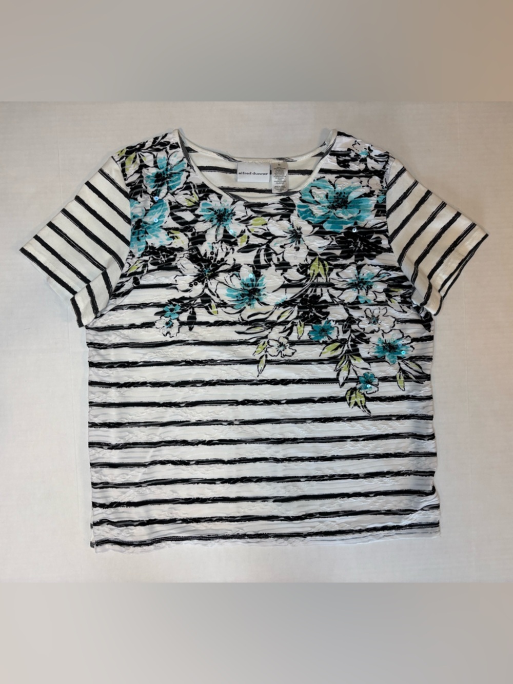 Alfred Dunner Spliced Floral Stripe Short Sleeve Blouse Horizontal Stripes M